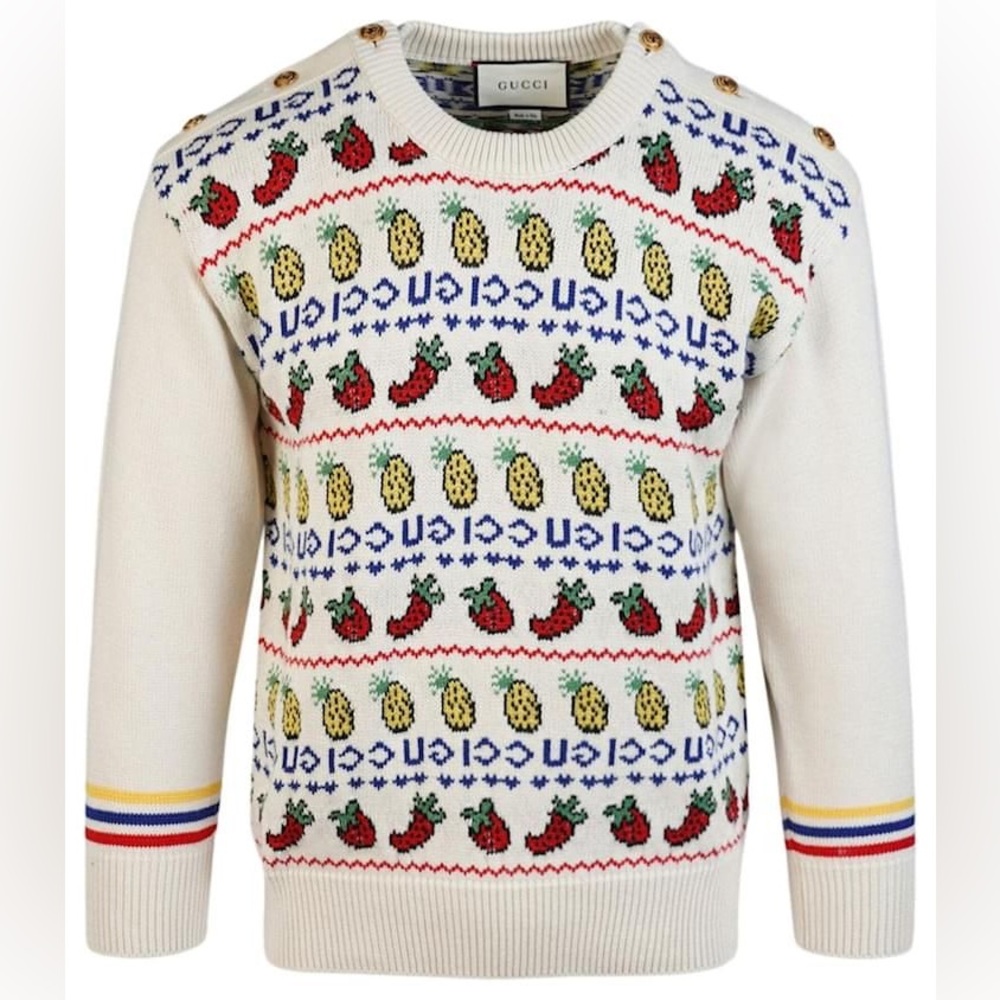 GUCCI Fruit Intarsia Wool Blend Knit Sweater in White